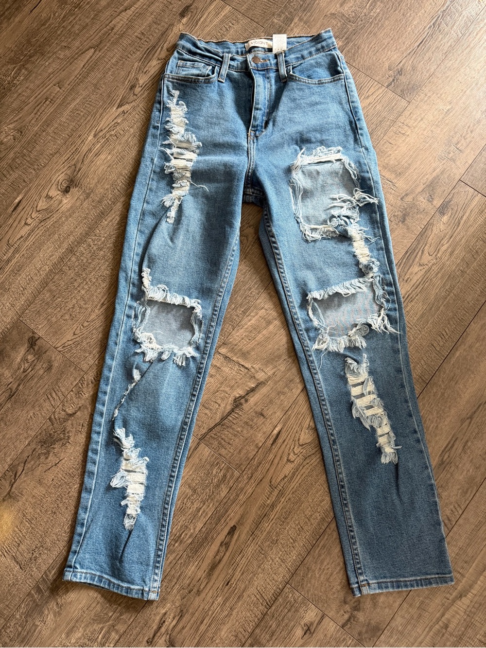 Vibrant Distressed High-Rise Ripped Jeans - Light Blue